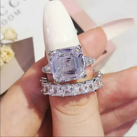 5.62-9.52Ct Three Stone Emerald Asscher White Sapphire Ring - Picture 12 of 15